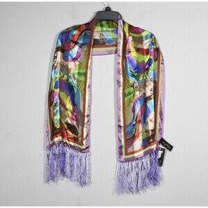NWT Vintage Laurel Burch Silk Scarf Parrots & Faces w/Fringes
